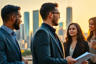 Job in Chicago seekers networking in front of Chicago skyline, showcasing diverse opportunities.