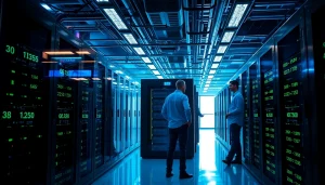 Professional data center showcasing top cloud mining technology with technicians and digital displays.