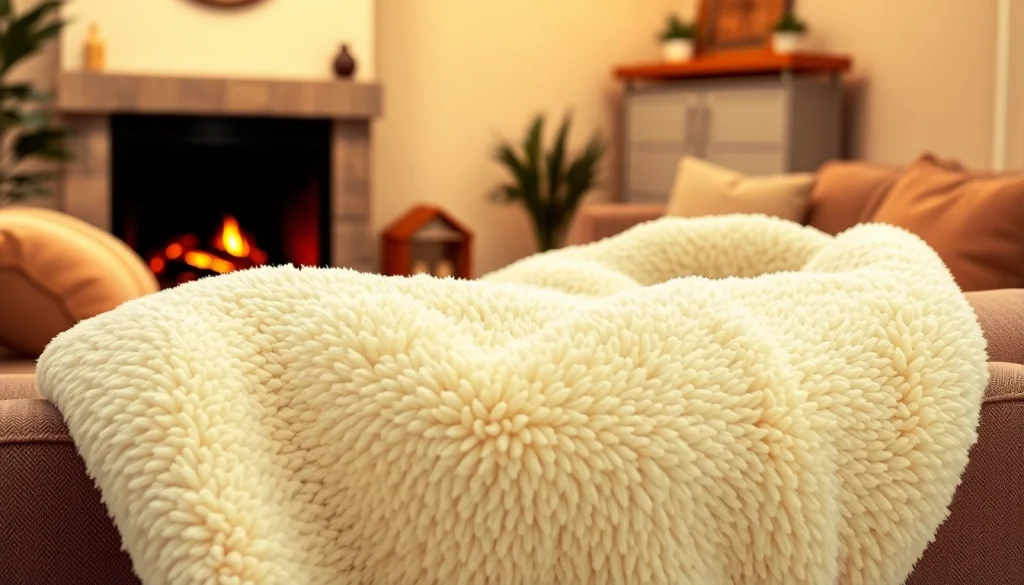 Fleece deken op een gezellige bank in een warme woonkamer.
