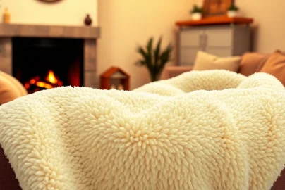 Fleece deken op een gezellige bank in een warme woonkamer.