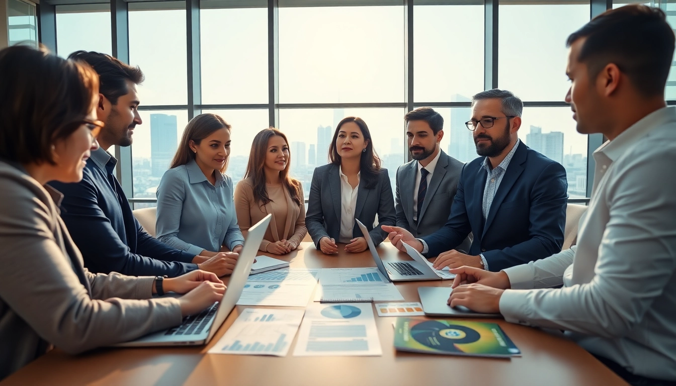 Group discussing life insurance options in a professional office setting, emphasizing collaboration and trust.
