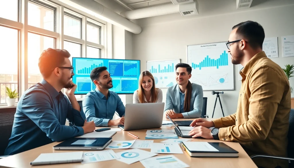 Boost your brand with effective smm services by a professional digital marketing team collaborating in an energetic office.