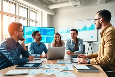 Boost your brand with effective smm services by a professional digital marketing team collaborating in an energetic office.