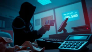 카드깡을 통해 불법적으로 현금을 인출하는 모습으로 금융 사기의 위험성을 강조한 디지털 아트워크.