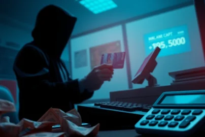 카드깡을 통해 불법적으로 현금을 인출하는 모습으로 금융 사기의 위험성을 강조한 디지털 아트워크.