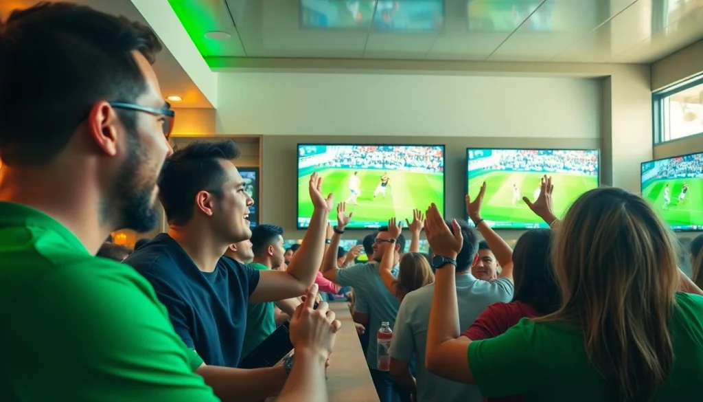 축구중계를 즐기며 응원하는 팬들이 있는 스포츠 바의 생생한 장면