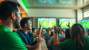 축구중계를 즐기며 응원하는 팬들이 있는 스포츠 바의 생생한 장면