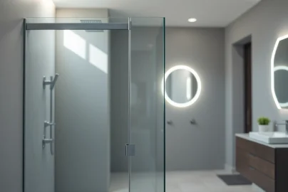 Découvrez une cabine de douche moderne sirhona fr combinée avec un miroir à LED.