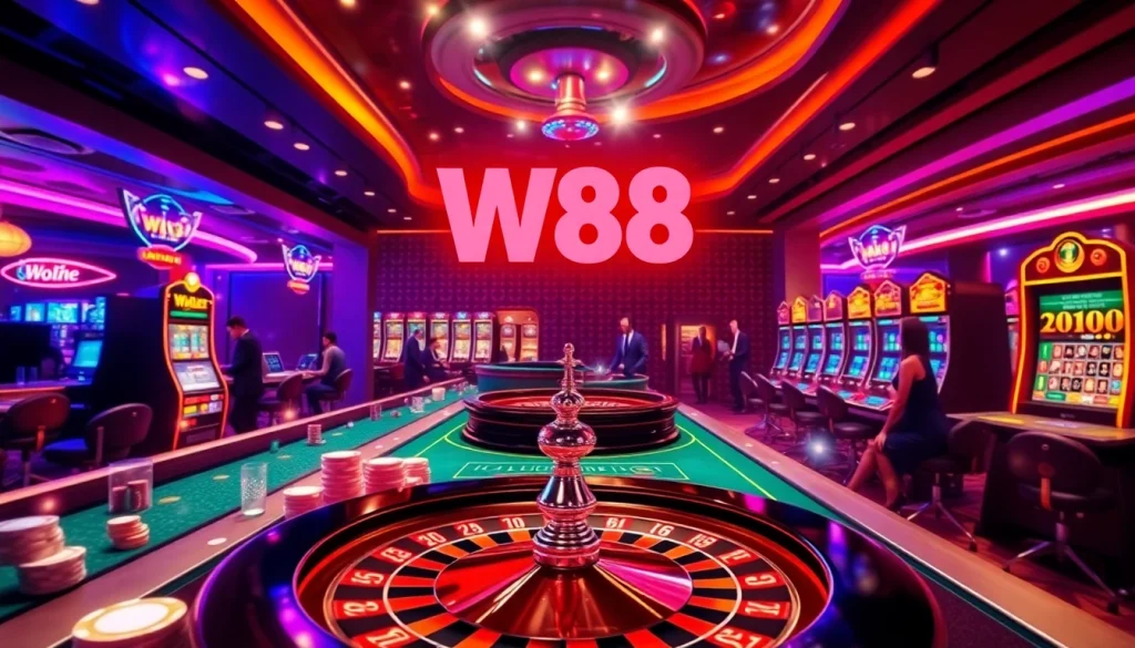 Experience thrilling gameplay with W88 link, featuring colorful casino tables and interactive online gaming elements.