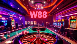 Experience thrilling gameplay with W88 link, featuring colorful casino tables and interactive online gaming elements.