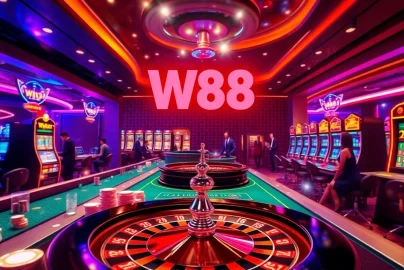 Experience thrilling gameplay with W88 link, featuring colorful casino tables and interactive online gaming elements.