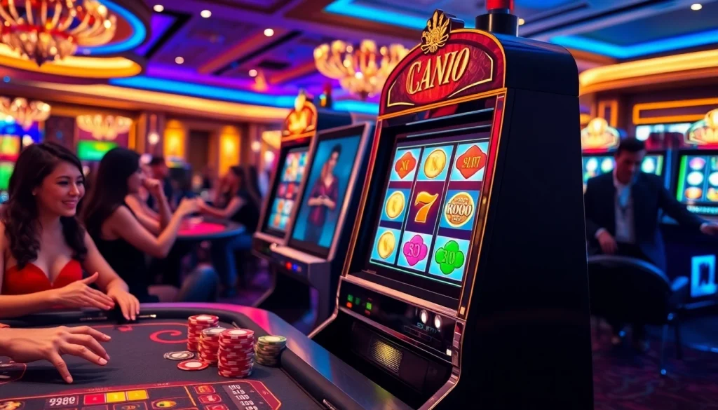 Pengalaman login Dewanaga89 dengan suasana kasino yang menarik lengkap dengan mesin slot dan chip poker.