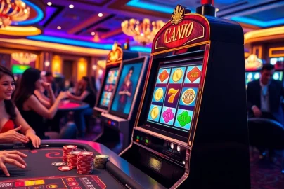 Pengalaman login Dewanaga89 dengan suasana kasino yang menarik lengkap dengan mesin slot dan chip poker.