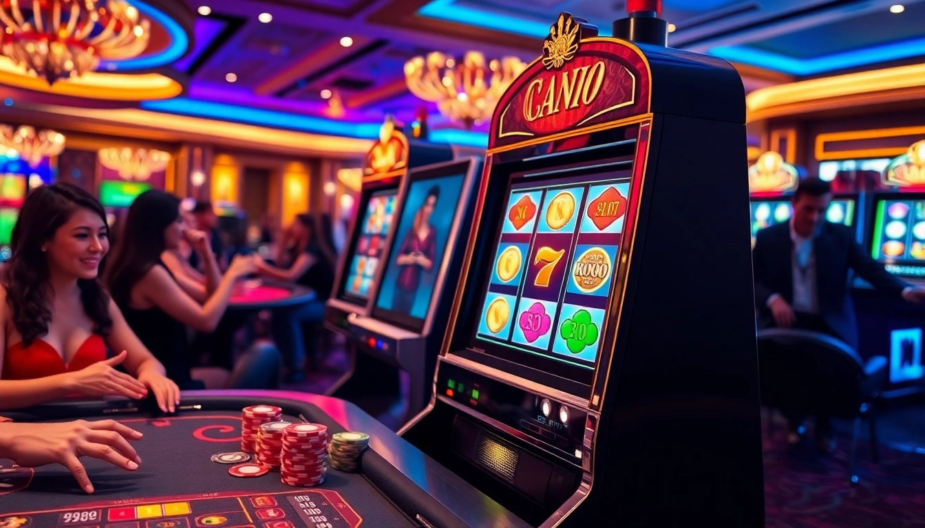 Pengalaman login Dewanaga89 dengan suasana kasino yang menarik lengkap dengan mesin slot dan chip poker.