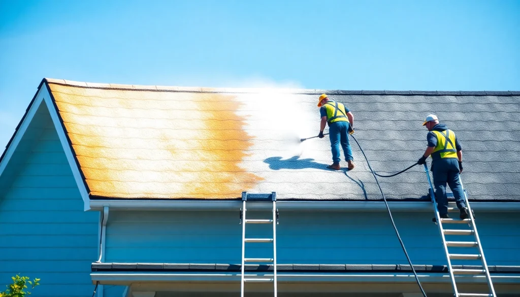 Roof cleaning process featuring professionals using eco-friendly methods to achieve a spotless finish.
