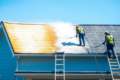 Roof cleaning process featuring professionals using eco-friendly methods to achieve a spotless finish.