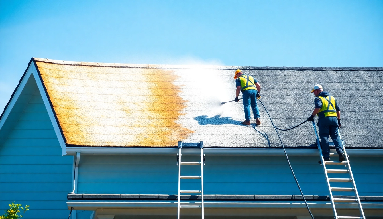 Roof cleaning process featuring professionals using eco-friendly methods to achieve a spotless finish.