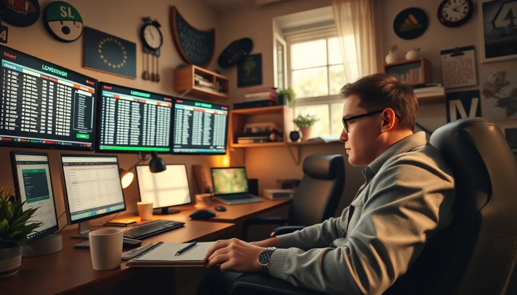 Engaged professional analyzing data for online sports betting Canada in a cozy home office.