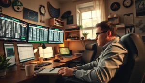 Engaged professional analyzing data for online sports betting Canada in a cozy home office.