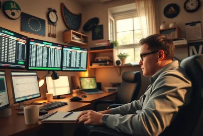 Engaged professional analyzing data for online sports betting Canada in a cozy home office.