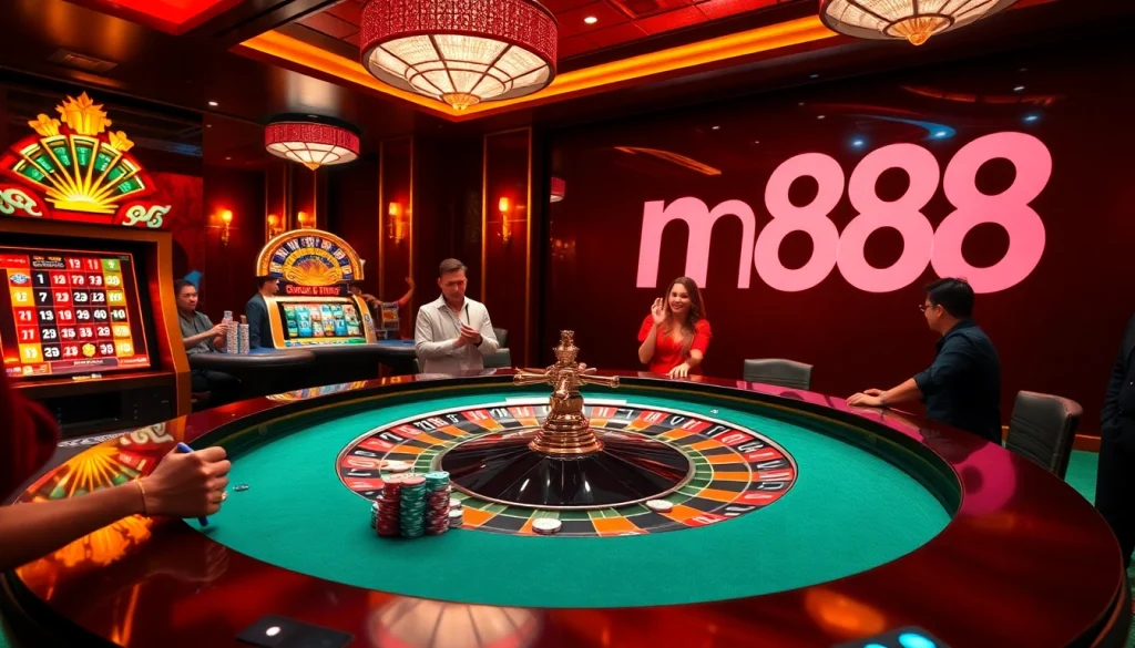 Excited players at a luxury casino table engaged in betting at nh88 with colorful chips and cards.