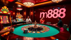 Excited players at a luxury casino table engaged in betting at nh88 with colorful chips and cards.