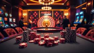 Marvelbet gaming table with luxurious poker chips and cards in an upscale casino setting.