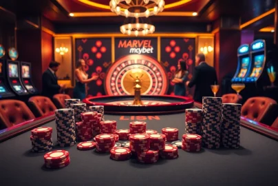 Marvelbet gaming table with luxurious poker chips and cards in an upscale casino setting.