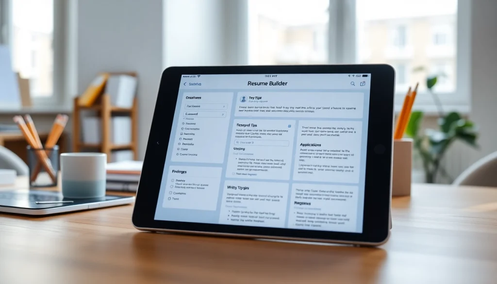 Engaging interface of a Resume Builder showcasing templates and tips for job seekers.