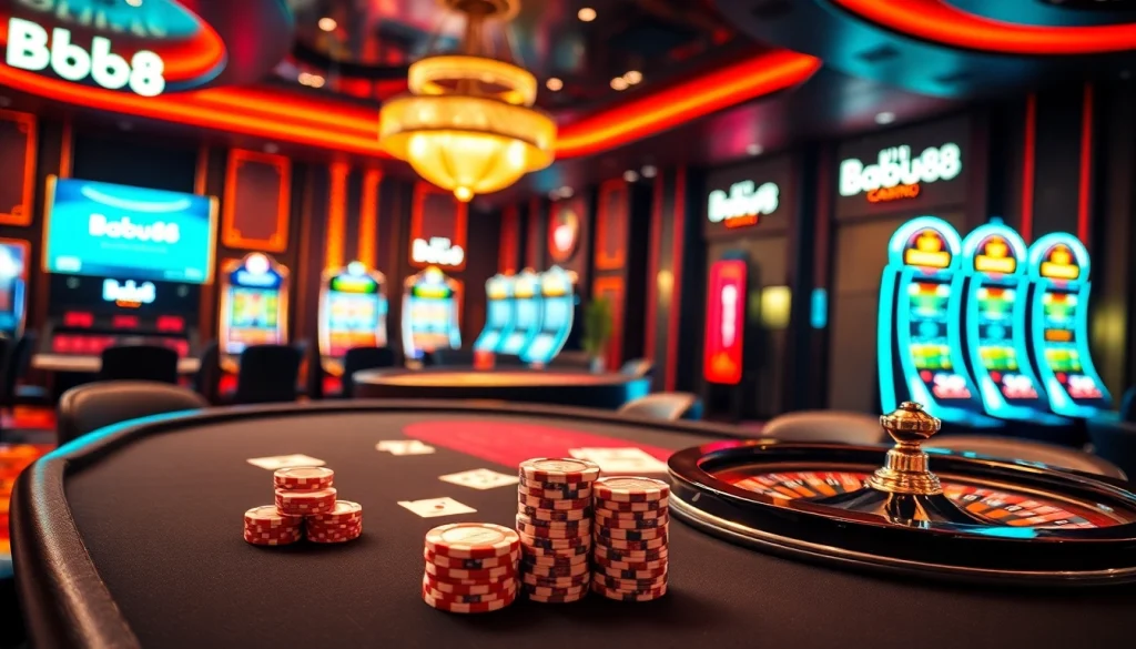 Babu88 vibrant casino scene showcasing poker, roulette, and slot machines for an exciting gambling experience.