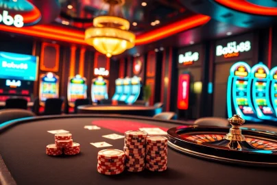 Babu88 vibrant casino scene showcasing poker, roulette, and slot machines for an exciting gambling experience.