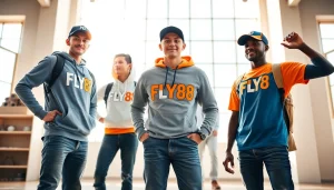 Vibrant FLY88 aviation-inspired apparel collection displayed in a bright studio.