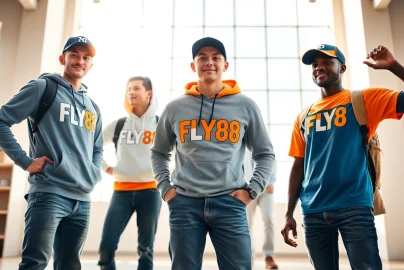 Vibrant FLY88 aviation-inspired apparel collection displayed in a bright studio.