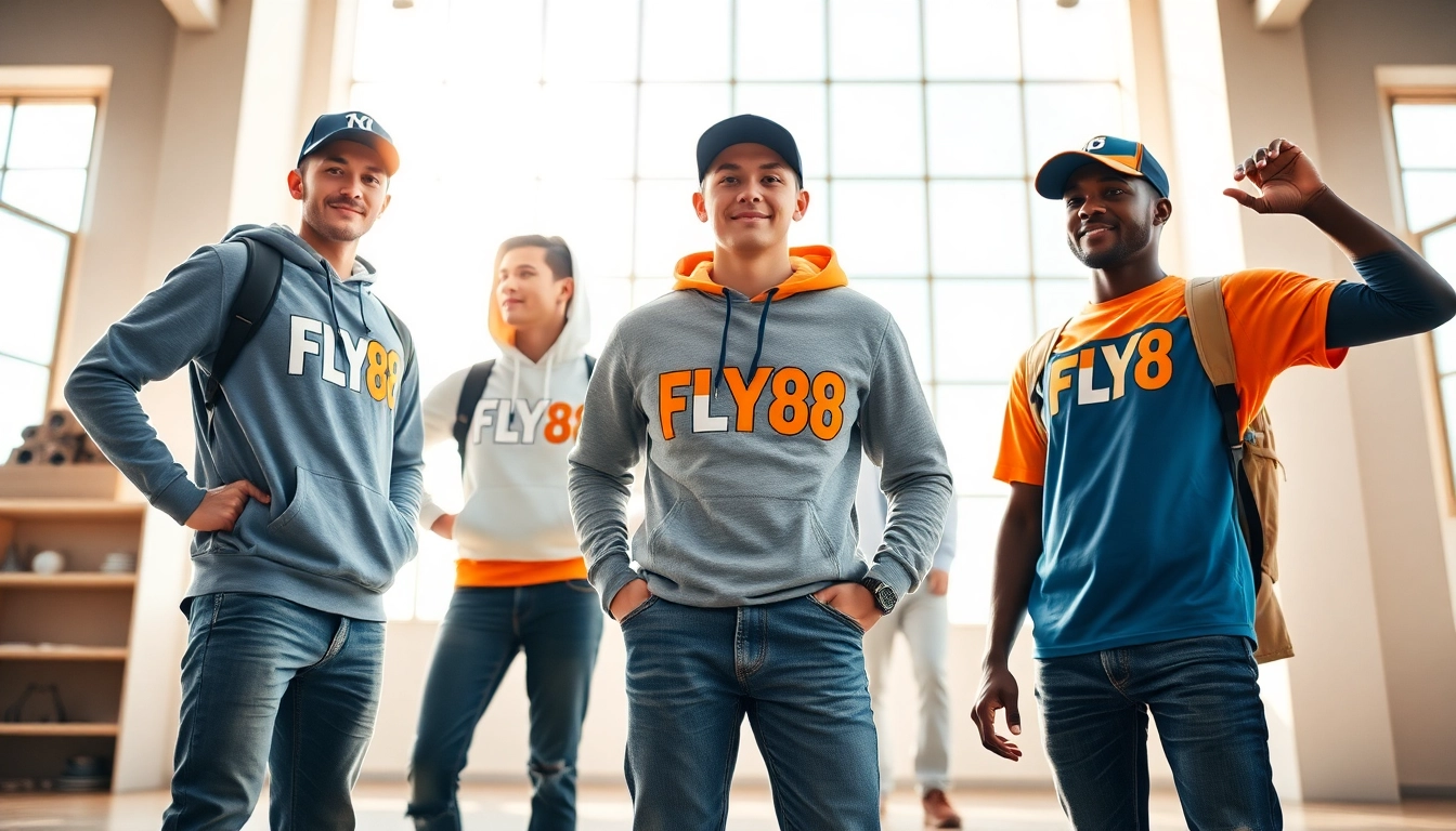 Vibrant FLY88 aviation-inspired apparel collection displayed in a bright studio.