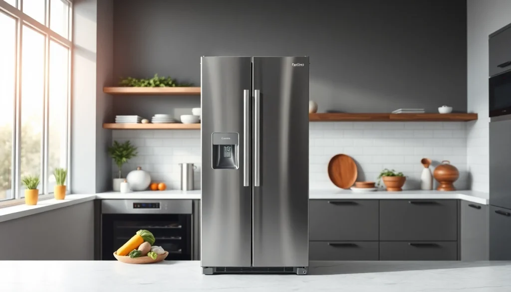 Showcase a modern refrigerator with a sleek design in a contemporary kitchen.