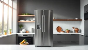 Showcase a modern refrigerator with a sleek design in a contemporary kitchen.