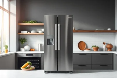 Showcase a modern refrigerator with a sleek design in a contemporary kitchen.