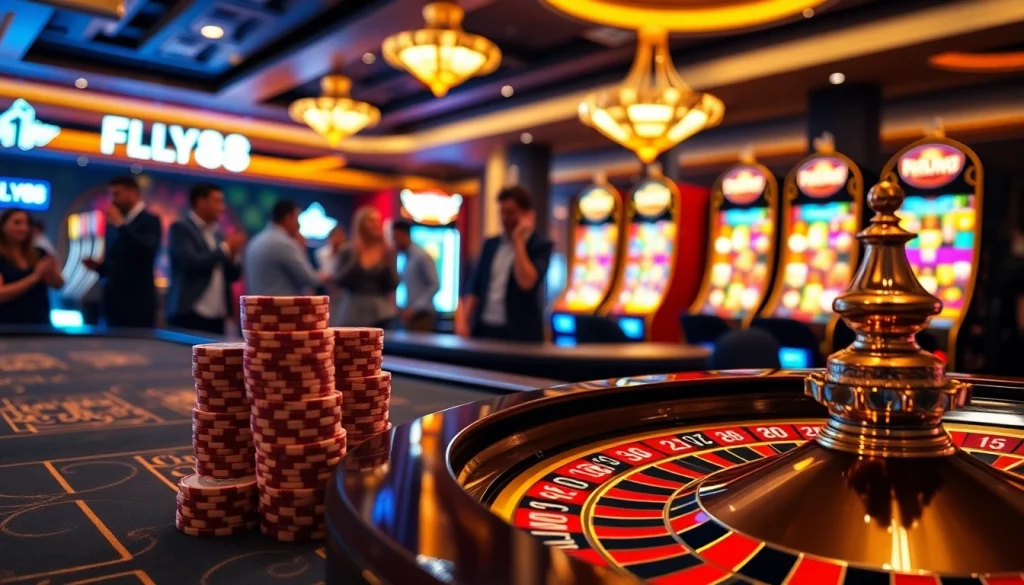 FLY88 casino scene with vibrant gambling action at a roulette table, showcasing excitement and professionalism.