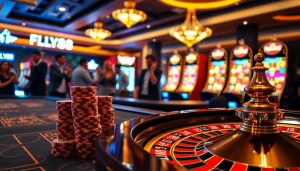 FLY88 casino scene with vibrant gambling action at a roulette table, showcasing excitement and professionalism.
