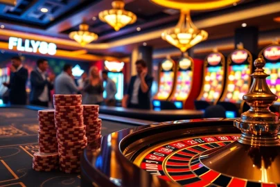 FLY88 casino scene with vibrant gambling action at a roulette table, showcasing excitement and professionalism.