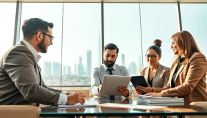 Engaged business consultants in Dubai discussing strategies in a modern office setting.