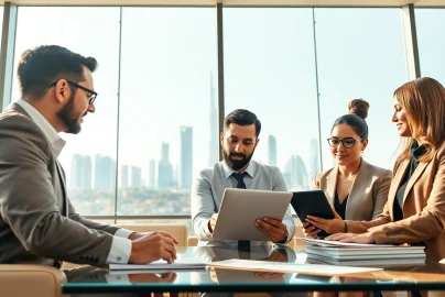 Engaged business consultants in Dubai discussing strategies in a modern office setting.