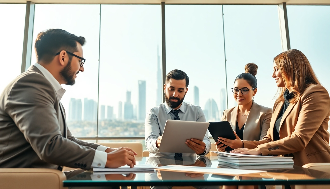 Engaged business consultants in Dubai discussing strategies in a modern office setting.