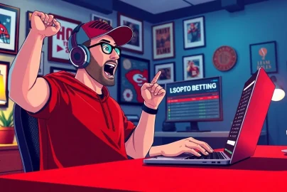 Engage in online sports betting Georgia as a sports fan excitedly places bets on a laptop.