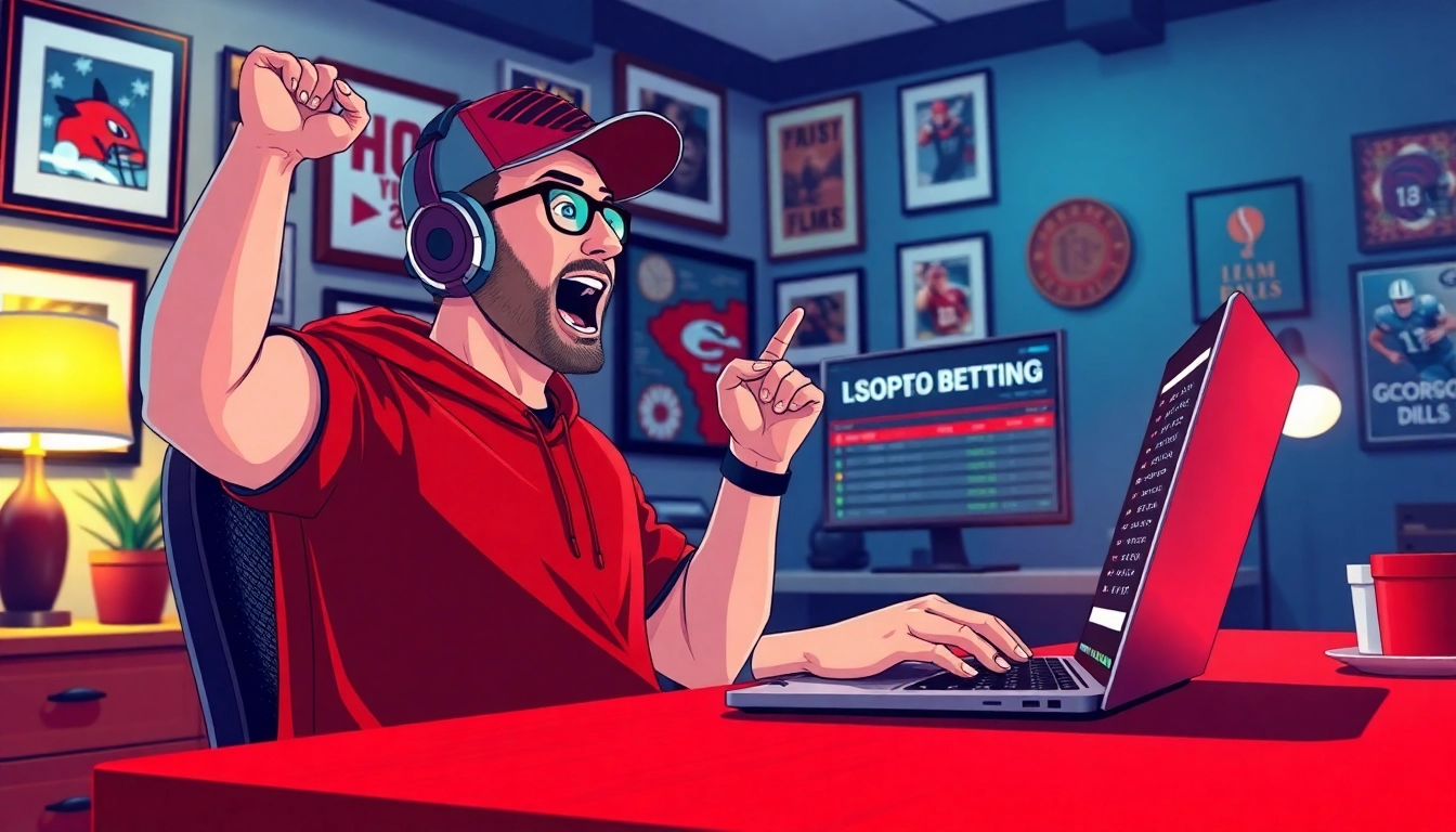 Engage in online sports betting Georgia as a sports fan excitedly places bets on a laptop.