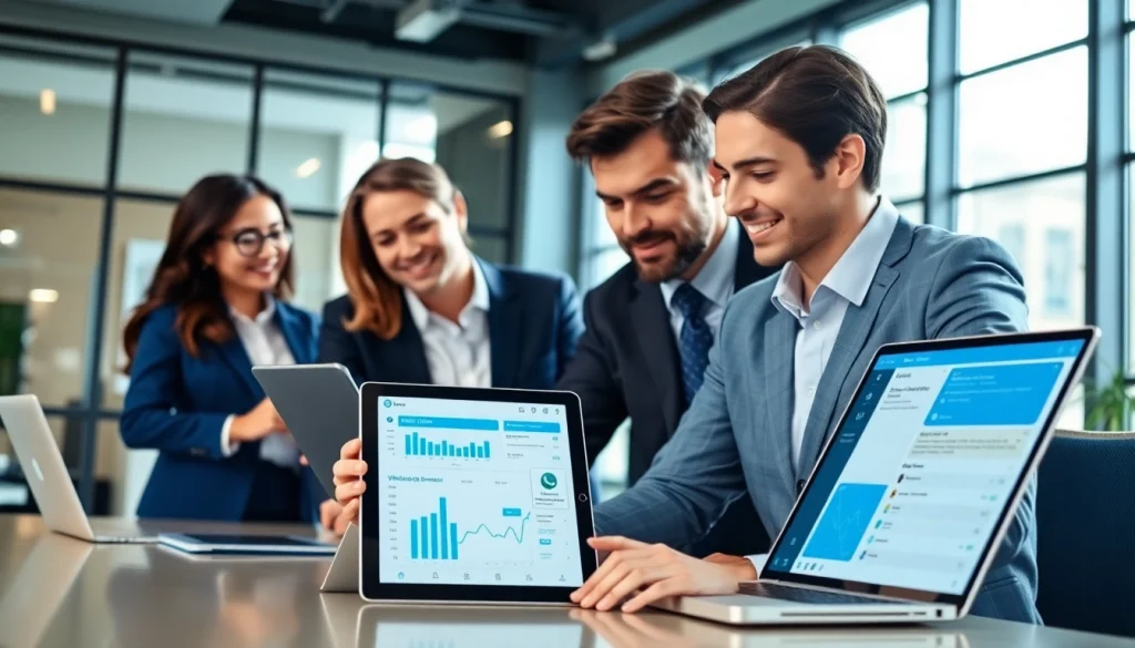 Engaging team using WhatsApp Business CRM on devices in a bright office setting.