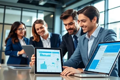 Engaging team using WhatsApp Business CRM on devices in a bright office setting.