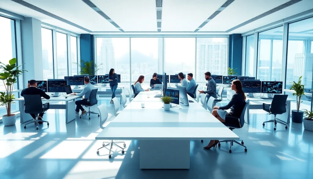 Trending business examples featuring a modern office with professionals collaborating in a financial technology workspace.