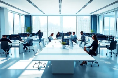 Trending business examples featuring a modern office with professionals collaborating in a financial technology workspace.