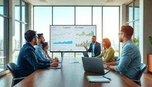 Analyze competitor pricing strategies with a diverse team in a modern office.